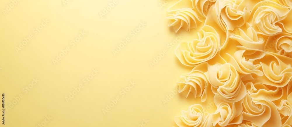 Poster yellow background with decorative pasta swirls creating a textured pattern on the right side and cop