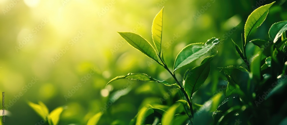 Poster green leaves with morning sunlight creating a soft glow in the background and ample copy space for t