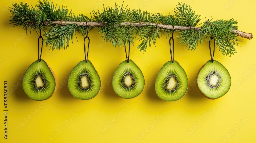 Poster sliced kiwi fruits hanging on a branch with pine needles against a bright yellow background with cop