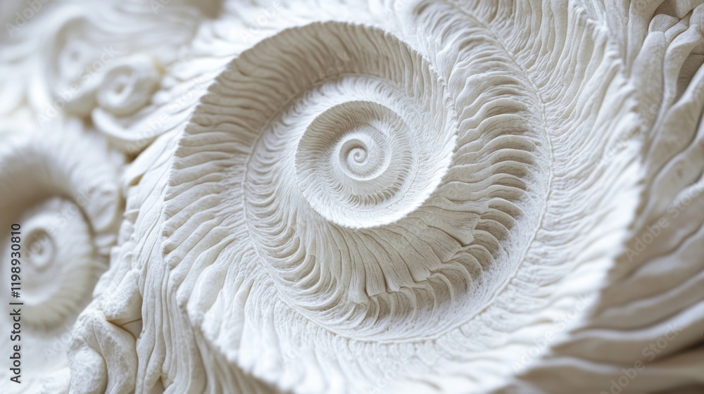 Poster intricate white spiral patterns carved in a textured surface with detailed ridges and curves on a so