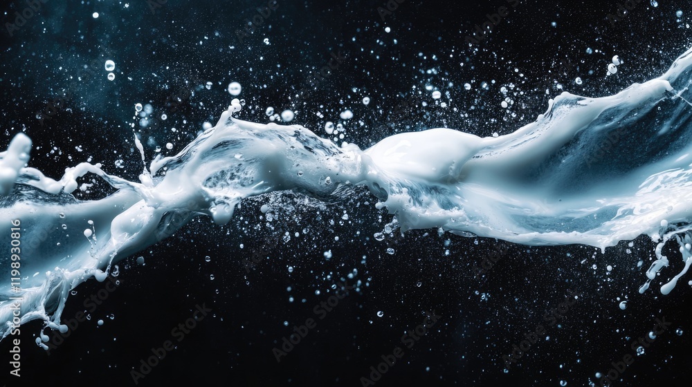 Poster high-speed water splash on dark background with visible droplets and fluid motion effects copy space