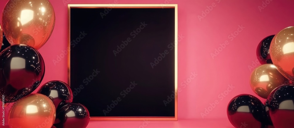 Poster colorful festive setup with golden and black balloons surrounding an empty picture frame on a vibran