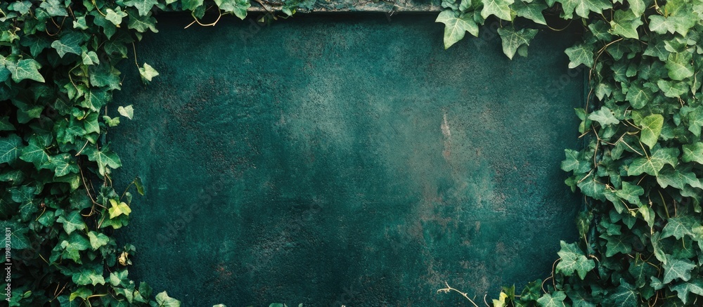 Poster green textured surface with ivy leaves framing the edges and ample copy space for text or design ele
