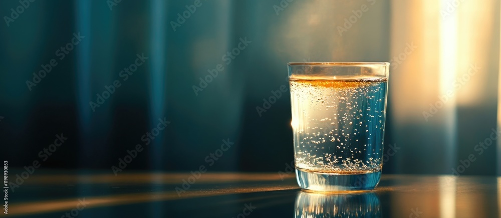 Aufkleber glass of sparkling water with bubbles on a wooden table with soft lighting and copy space for text.