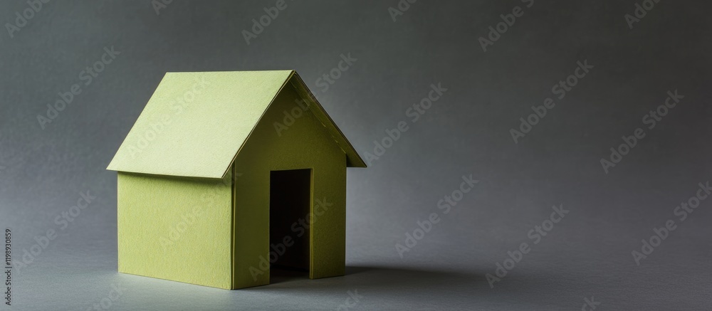 Aufkleber green paper model house on a dark gray background with copy space for text or design elements.