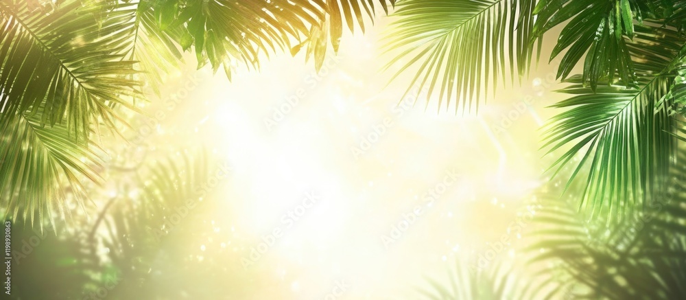 Poster lush tropical foliage framing bright light with soft bokeh effect and copy space for text placement