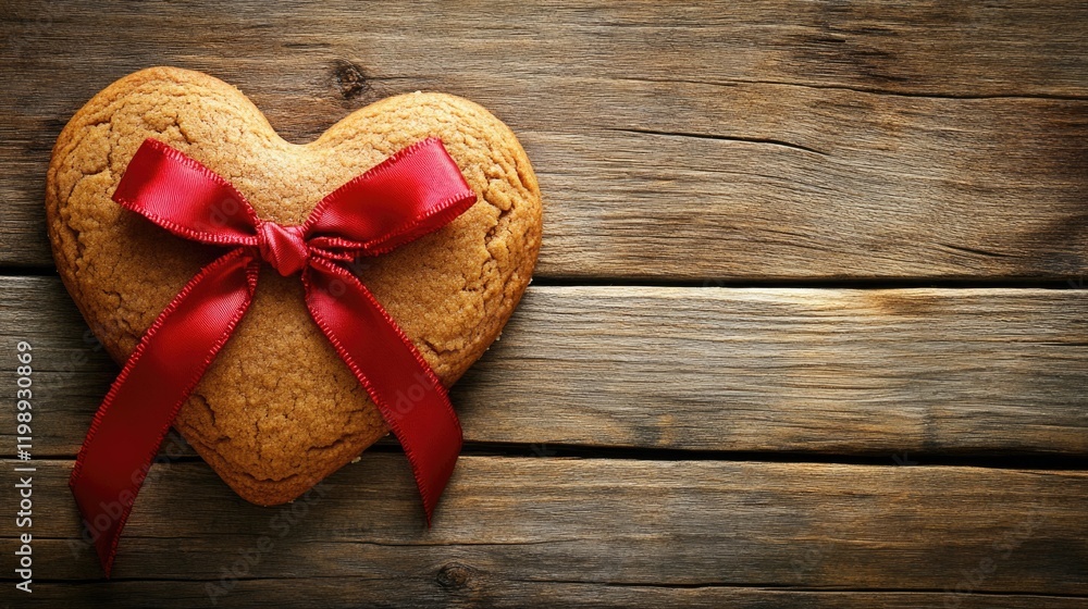 Aufkleber heart-shaped cookie with red ribbon on rustic wooden background with copy space for text