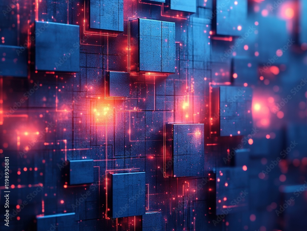 Poster abstract glowing cubes connected by lines, data flow
