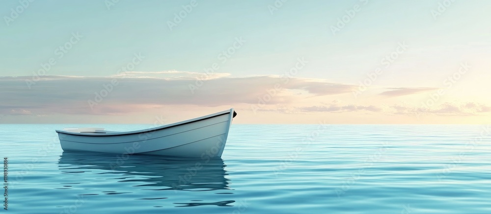 Poster lonely white boat floating on calm water with clear blue sky in the background and ample copy space 