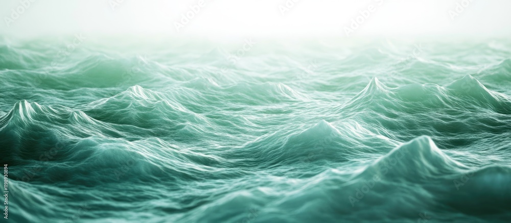 Poster waves on an ocean surface with a misty horizon and soft green tones providing ample copy space for t
