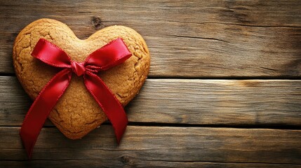 Fototapeta premium Heart-shaped cookie with red ribbon on rustic wooden background with copy space for text