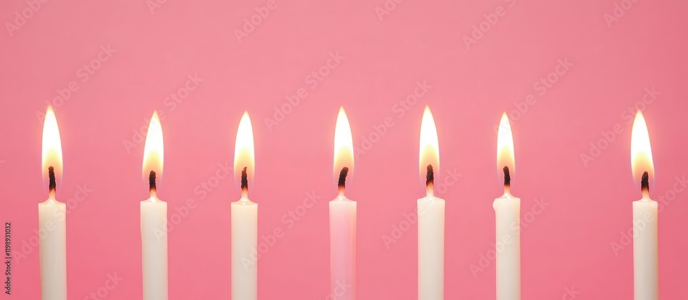Poster white candles with flames arranged in a line on a pink background with copy space available