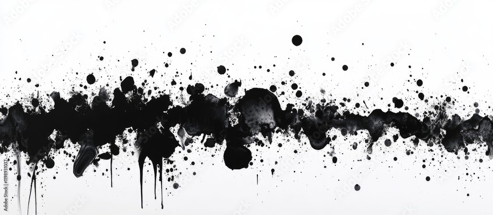 Poster black ink splatter texture on a white background with abstract paint drips and spots ideal for use a
