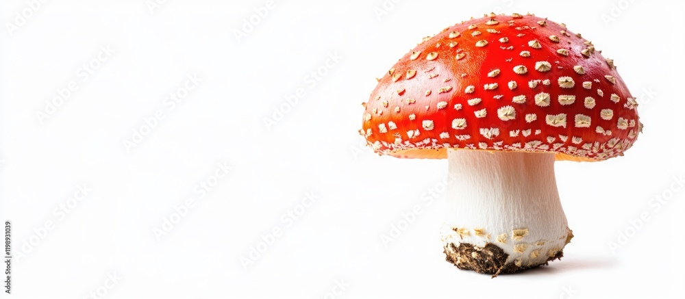 Poster red toadstool mushroom with white spots on a plain white background featuring ample copy space for t