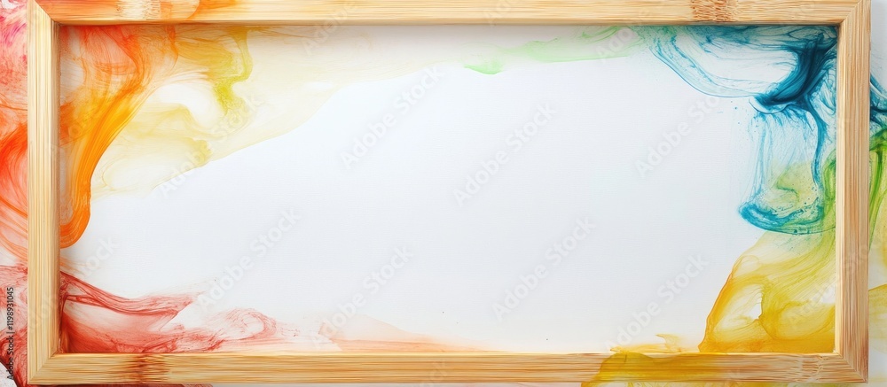 Poster colorful smoke swirl frame with wooden border on white background featuring ample copy space for tex