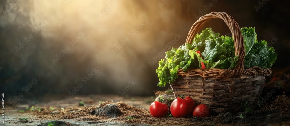 Poster basket of fresh lettuce and ripe tomatoes on rustic background with natural lighting and copy space 
