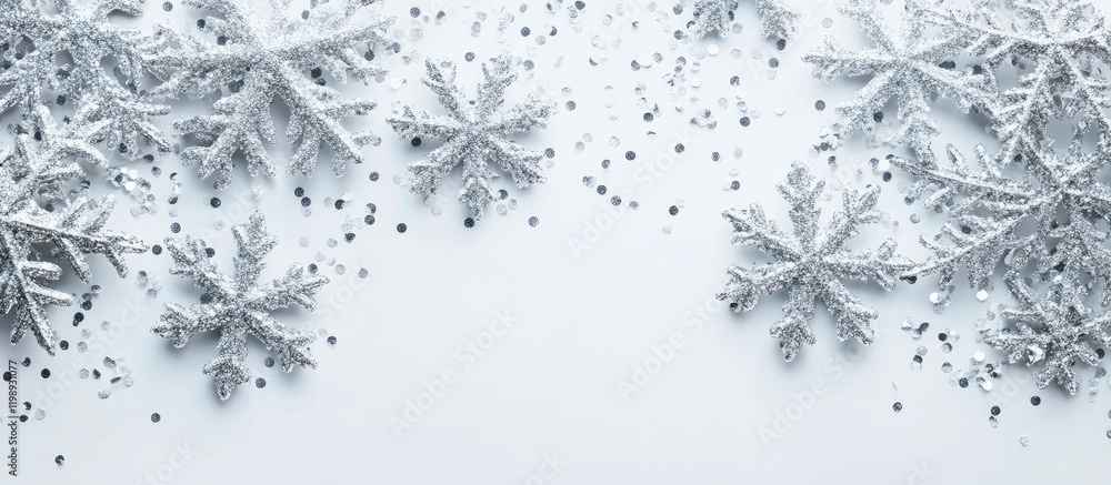 Poster snowflakes and decorative elements on white background with copy space for text placement