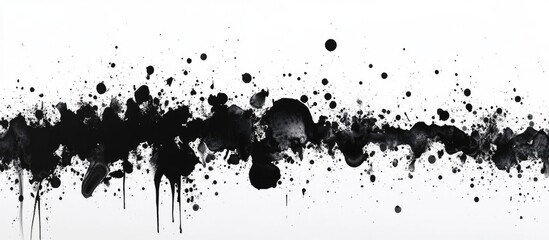 Black ink splatter texture on a white background with abstract paint drips and spots ideal for use as a backdrop or design element Copy Space