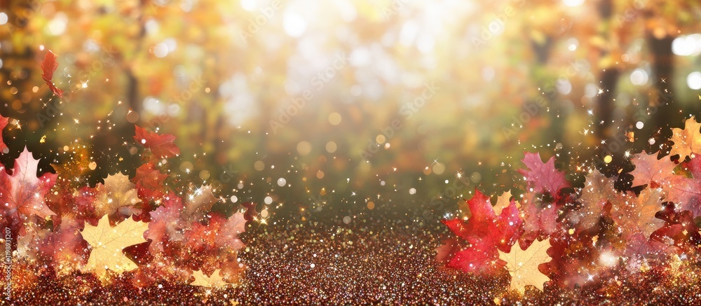 Poster autumn landscape with colorful fallen leaves and bokeh lights creating a warm atmosphere with copy s