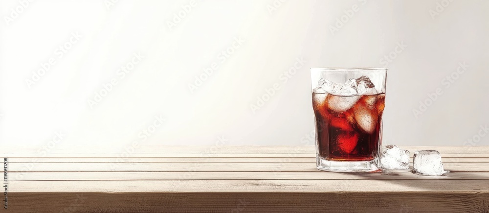 Aufkleber glass of cola with ice cubes on wooden surface with light background and copy space. refreshing beve