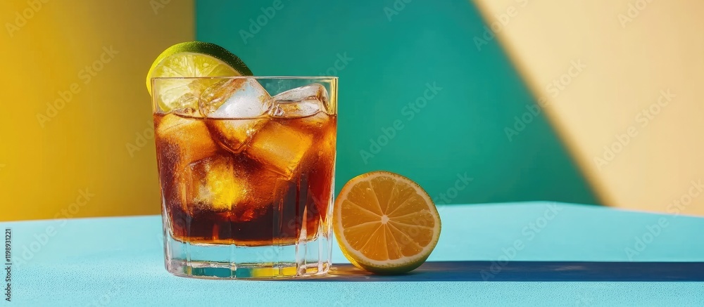 Poster refreshing cocktail with ice and lime served in a glass with amber liquid on a color block backgroun