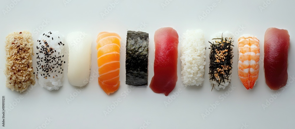 Poster sushi presentation with various nigiri types on a white background showcasing different ingredients 
