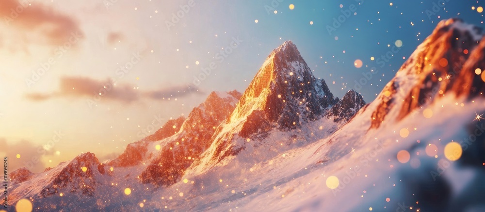 Poster snow-covered mountain landscape at sunrise with soft bokeh effect and copy space for text placement