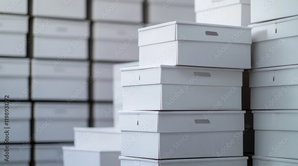 Poster white storage boxes stacked in a minimalist storage space with a blurred background and ample copy s