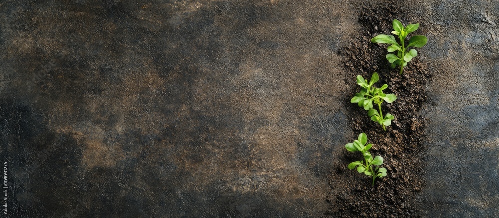 Poster green seedlings growing in dark soil on textured background with copy space for text.