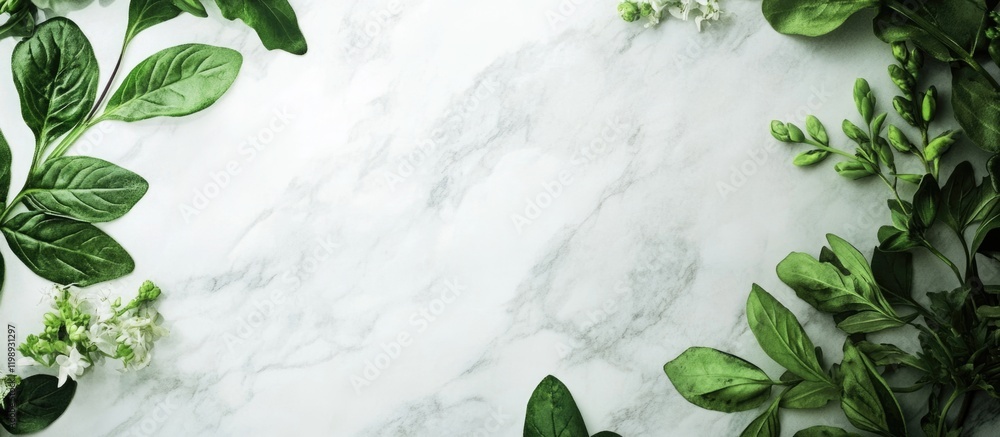 Poster marble texture background with green leaves and white flowers arranged on the edges providing ample 
