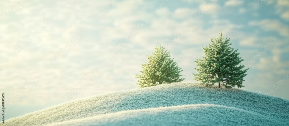 Poster snow-covered hills with two evergreen trees under a cloudy sky providing ample copy space for text a