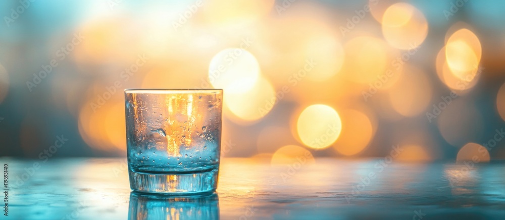 Poster glass of water on a reflective surface with blurred warm bokeh background and copy space for text