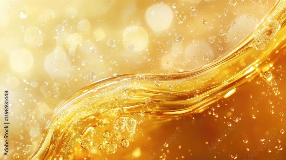 Poster golden liquid texture with bubbles on a shimmering background with soft light reflections and copy s