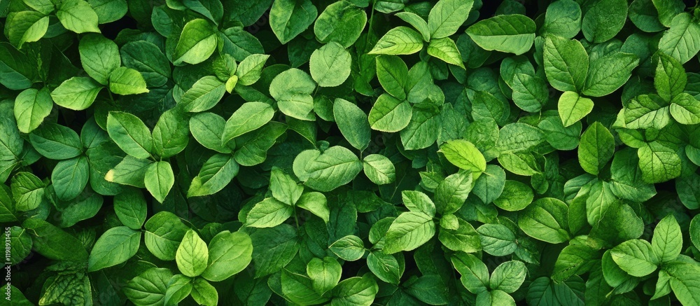 Poster lush green leaf background texture with varying leaf shapes and sizes providing ample copy space for