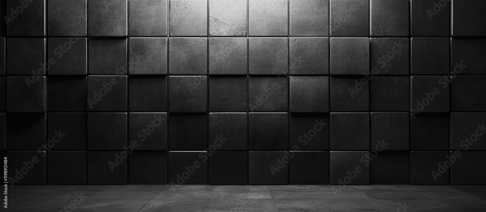 Poster black textured wall with square panels and concrete floor suitable for background use copy space
