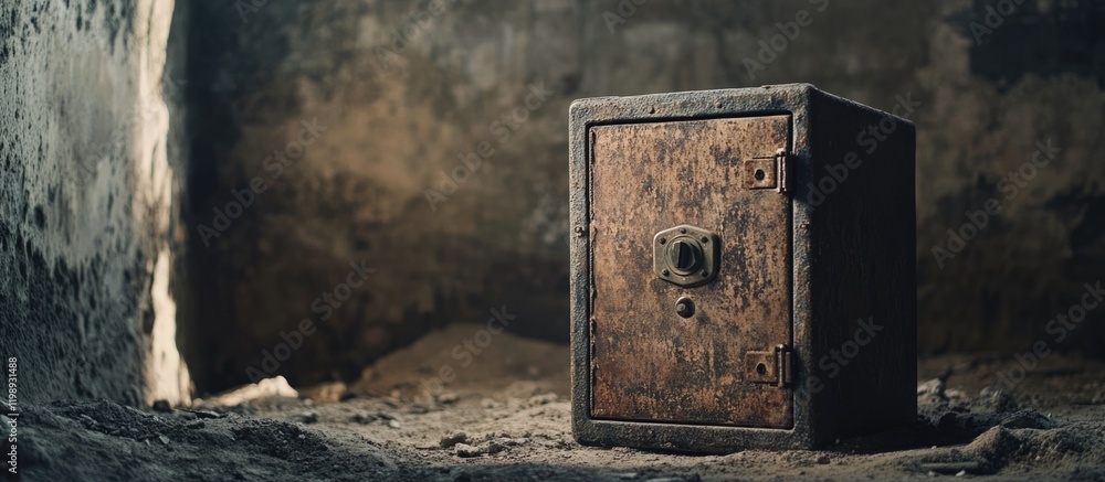 Aufkleber rusty old safe in a dimly lit abandoned room with textured walls and exposed light, featuring ample 