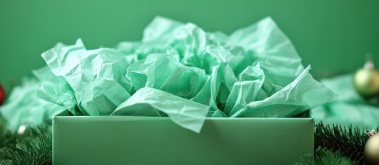 Obraz premium Light green gift box with tissue paper on green background adorned with Christmas ornaments and copy space for text