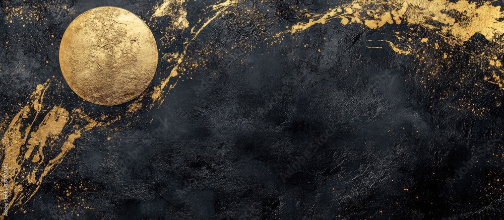Aufkleber abstract textured background with black and gold colors featuring a large golden moon and ample copy