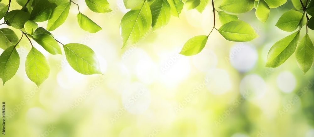 Poster green leaves with natural light background featuring soft bokeh and ample copy space for text insert