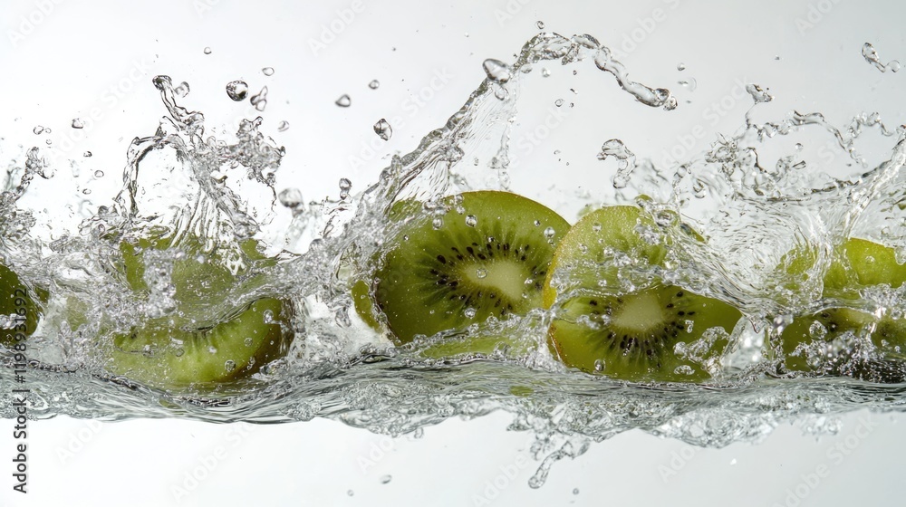 Poster fresh kiwi slices splashing into clear water with bubbles and droplets against a light background co