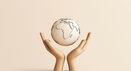 A visually striking circular logo design that features a detailed globe held by two open hands, representing global unity and support. The logo is set against a clean, minimalistic background