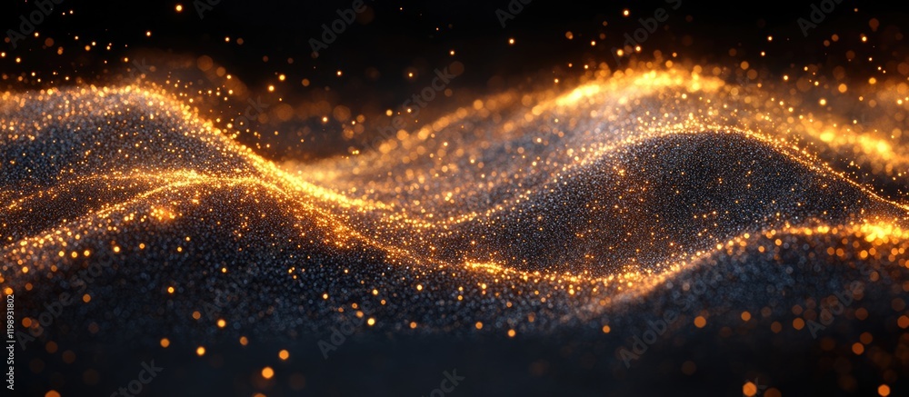 Poster abstract shimmering wave pattern with golden particles on dark background, copy space available for 