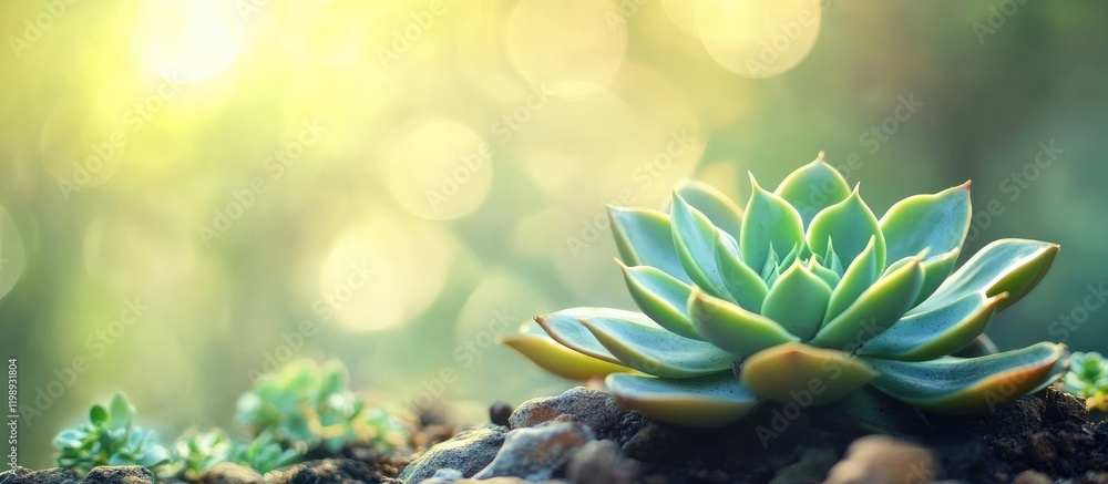 Poster succulent plant with soft green leaves in natural setting with bokeh background and copy space for t