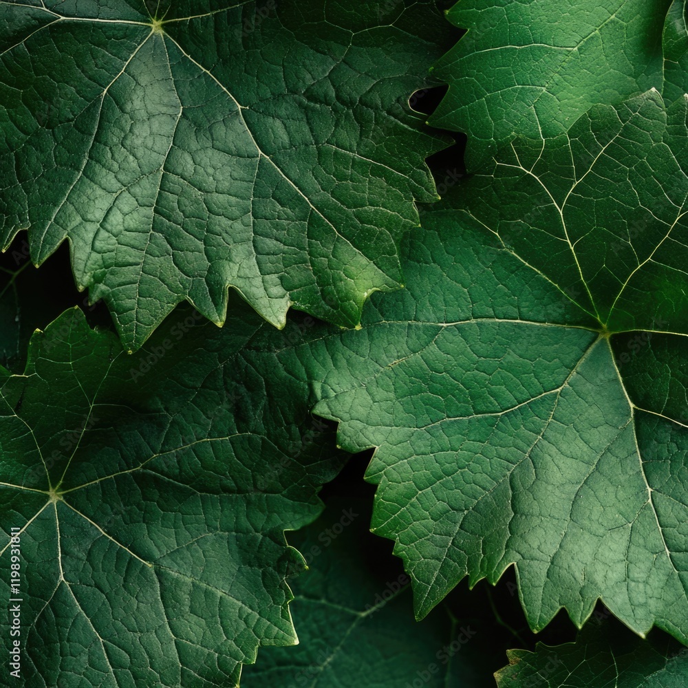 Poster green grape leaves in a layered arrangement showcasing textured surfaces with copy space for text pl