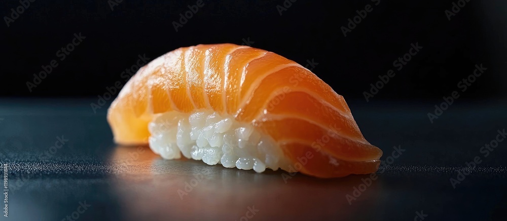 Poster single piece of sushi with salmon topping on a dark background with selective focus and copy space f