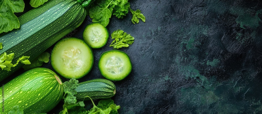Poster fresh green cucumbers and lettuce on dark textured background with copy space for text placement