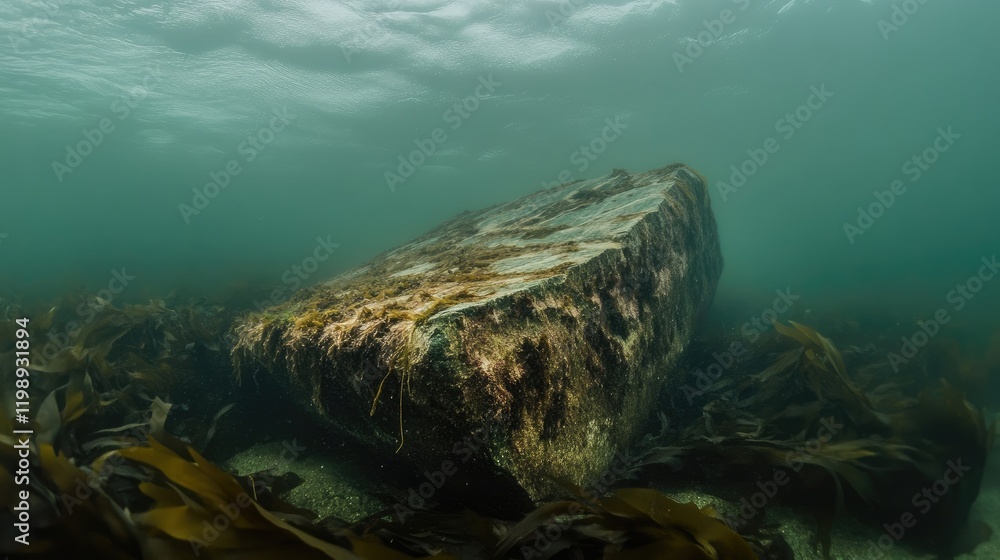 Poster underwater view of a large rock covered in kelp with cloudy water surface and gentle currents copy s