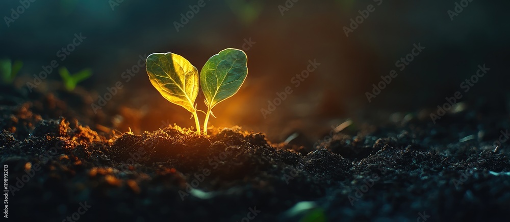 Poster sprouting seedlings emerging from dark soil with warm light highlighting the leaves and providing co