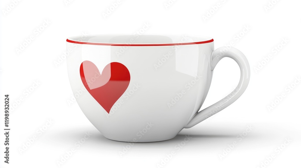 Poster white ceramic cup with red heart design and red rim isolated on white background with ample copy spa