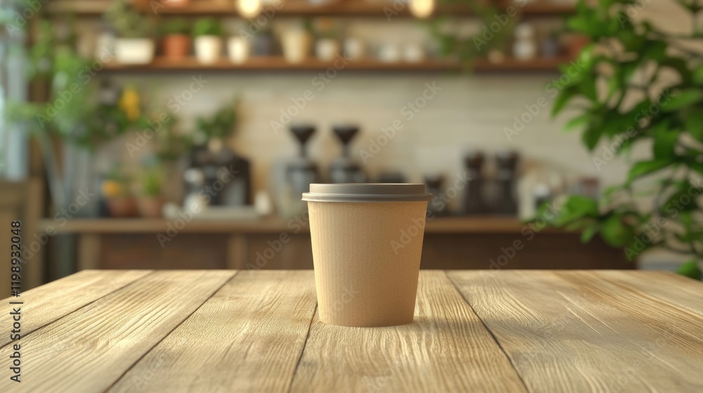 Poster coffee cup on wooden table with blurred cafã© background and greenery featuring copy space for text 
